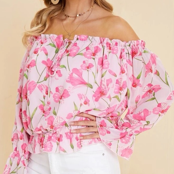 Boho pink floral print ruffle off shoulder blouse - Picture 3 of 8